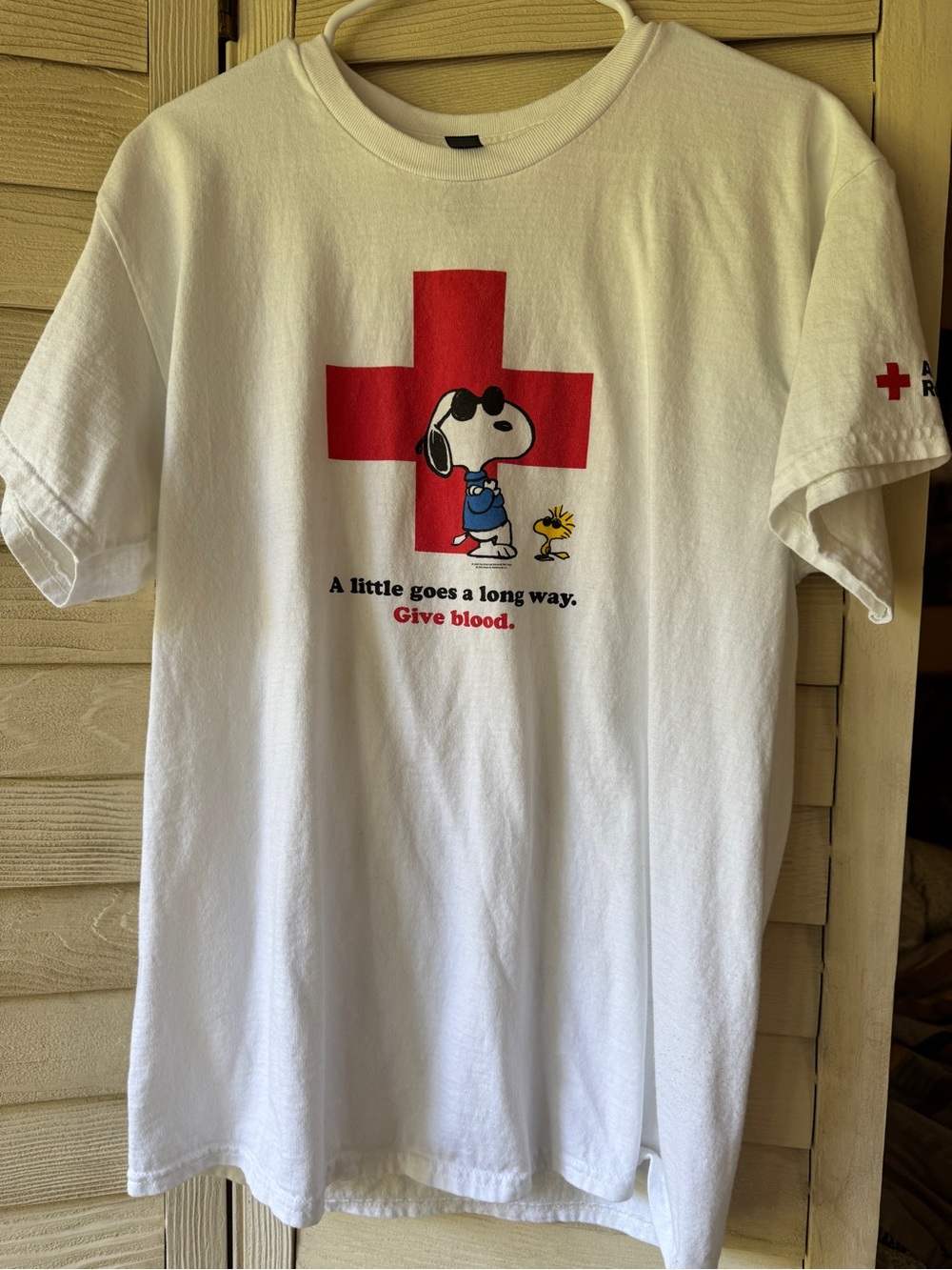 Gildan White Tee with Snoopy & Woodstock and Red Cross Graphic